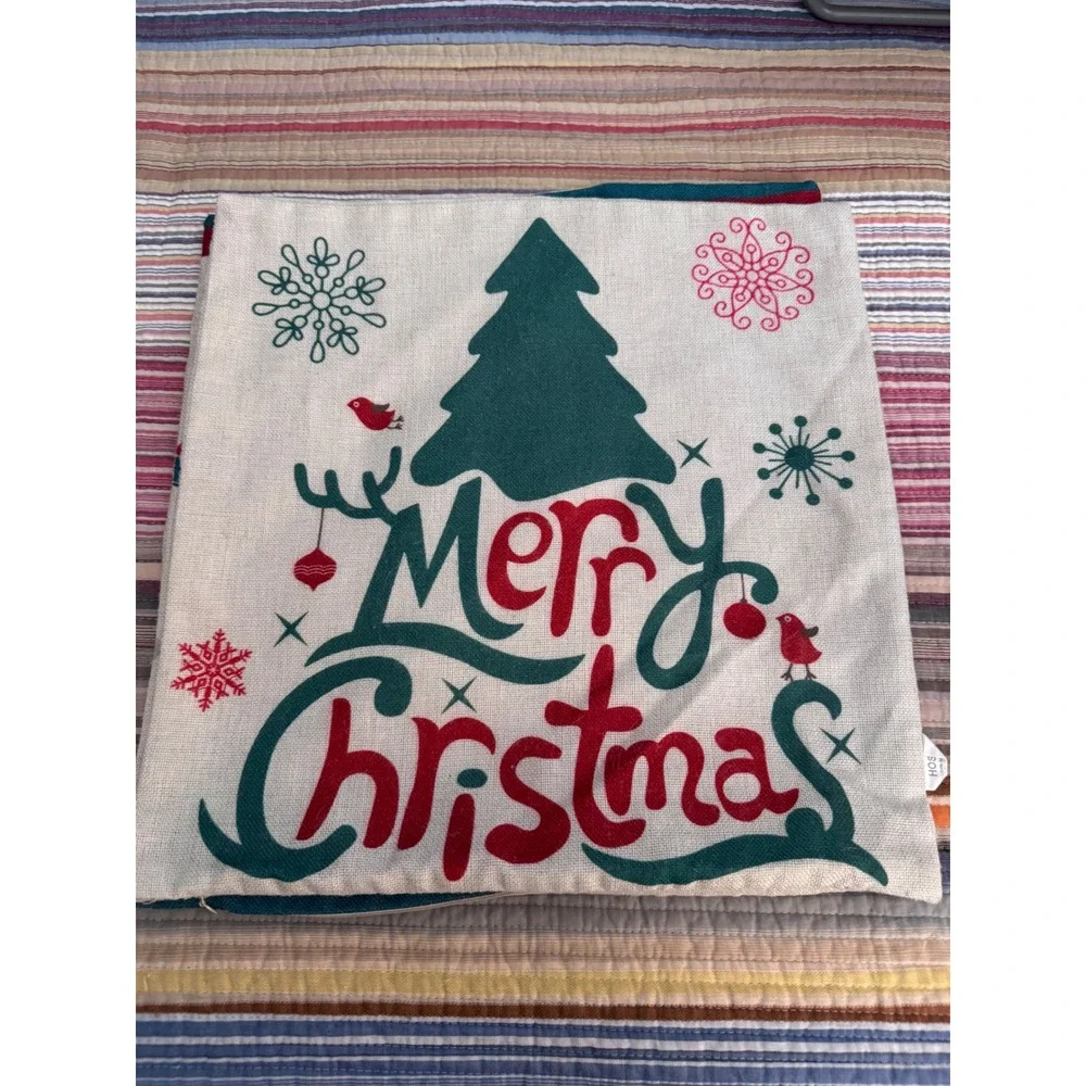 Set of 4 Christmas Pillow Covers 18x18 Rustic Linen Holiday Decor Red Green